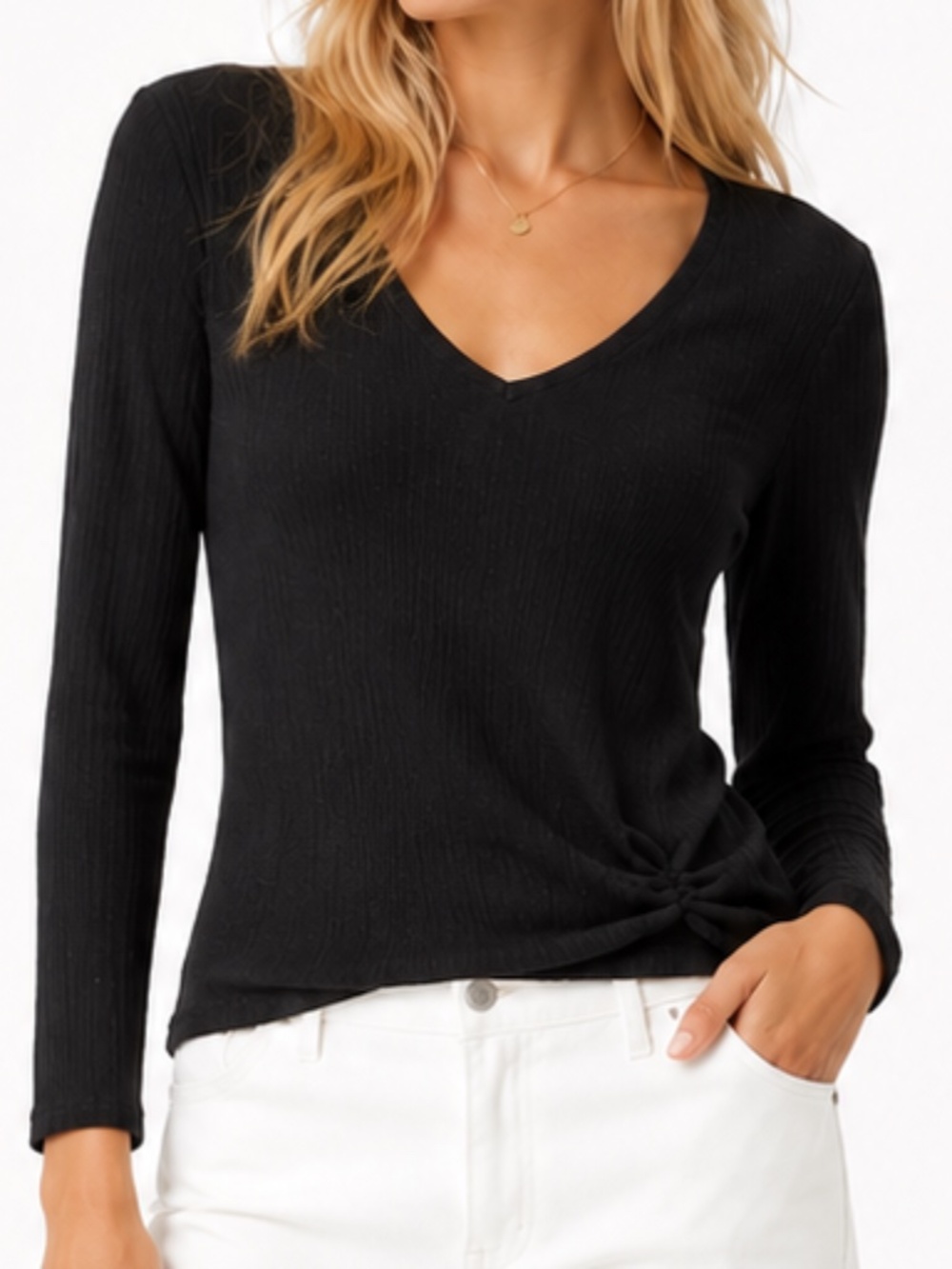 NIC+ZOE Black Ribbed Twist Front V-Neck Long Sleeve Knit Top Size S EUC